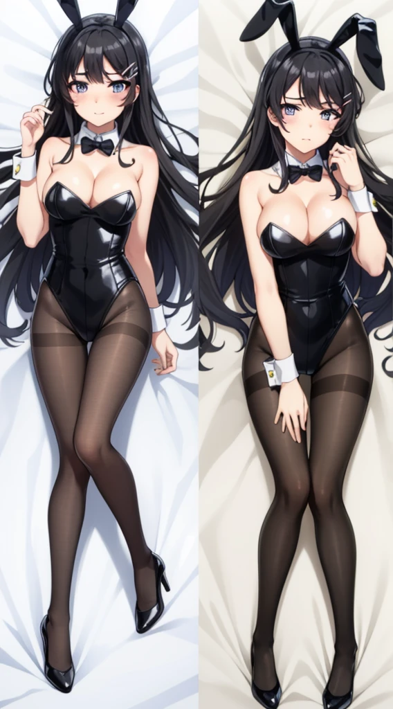 {{{masterpiece}}}, {{{best quality}}}, {{ultra-detailed}}, {illustration}, {{an extremely delicate and beautiful}}, 8k, 1girl, sakurajima mai, cute face, long hair, bangs, (black hair:1.5), hair ornament, (purple eyes:1.1), hairclip, rabbit hair ornament, bow, animal ears, cleavage, bare shoulders, pantyhose, bowtie, black footwear, rabbit ears, high heels, leotard, black pantyhose, strapless, black bow, detached collar, fake animal ears, playboy bunny, black leotard, strapless leotard, black bowtie, thighs, zettai ryouiki, BREAK, spread legs, cleavage between breasts,sexy pose, cute face, embarrassed, naughty expression, flushed cheeks, on the bed, dakimakura