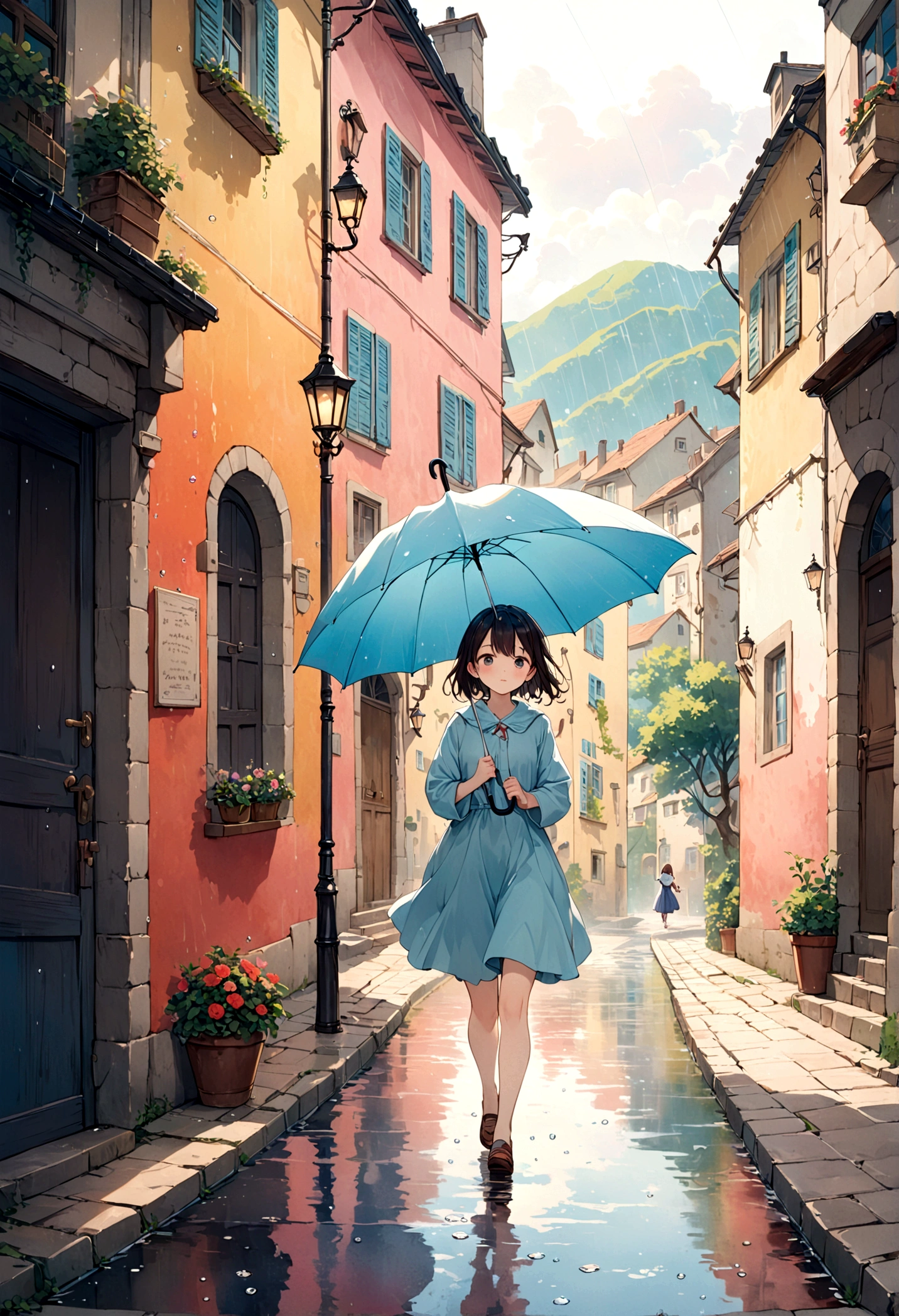 landscape,Street corner on a rainy day, A landscape like something out of a picture book,Emotional, 20yo, Girl is walking,BREAK, (Girl with an umbrella),umbrella,Anatomically correct,BREAK,Create an artistic background,Add a drop pattern to the background,The street is colorful, Fairytale-like,This is a cute illustration like a dream.,Blur the lines of the water droplets for an artistic look.,Intricate details,Wide range of colors,artwork,rendering,(masterpiece:1.3),(Highest quality:1.4),(Very detailedな:1.5),High resolution,Very detailed,unity 8k wallpaper,Structurally correct,France
