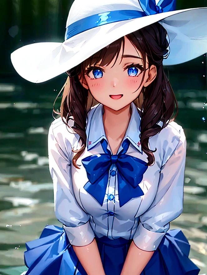  She&#39;s dressed, White hat with a blue ribbon, White shirt, Blue Collar, Red scarf and blue skirt.  Shine; Sparkling