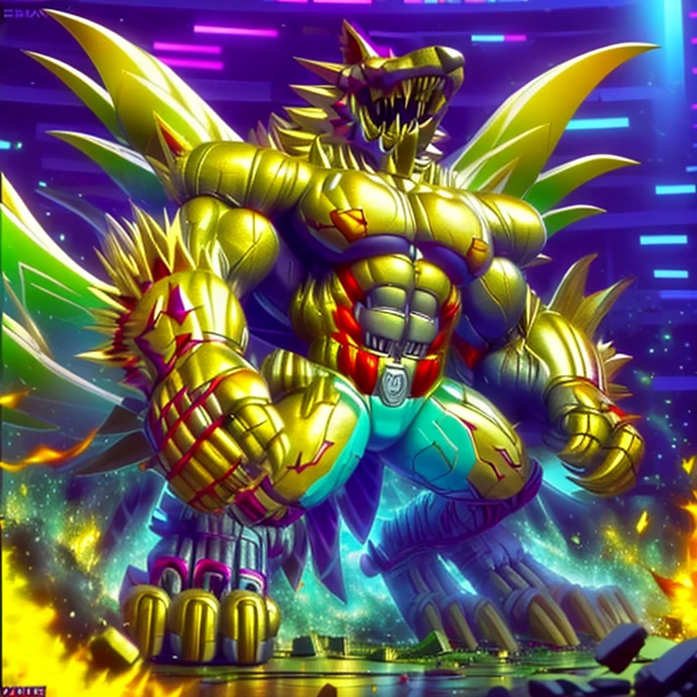 (masterpiece. official art. 8k. best quality. detailed full body. full body.)

(situation 1 : dominating The Phoenix Wolf. The Phoenix Wolf is over 1000 meters long. focus GIANT mechanical Muscular The Phoenix Wolf is trampling the car. Looking down.)

(situation 2 :smoke and flames rising from the destruction in the city)

(Additional details 1: Wearing GOLDEN Armor. Cape. Helmet. real texture material. whole body shines like metal. emphasizes the muscles. suit fully made of metal.Robotic suit).

(Additional details 1.5: The arms are golden. The lower half of the body is golden. The wolf-shaped helmet has sharp fangs. The whole body is golden.).

(Additional details 2: Detailed head. Detailed Body. Detailed abs. gigantic muscles. HYPER MUSCLES. Gigachad Muscular. big muscle. pecs. triceps. traps. unusually developed muscular body. body full of huge muscles. showing off muscles. pectorales enormes. Exaggeratedly huge muscles. huge muscles. long legs.).

(Additional details 3: nj5furry, Spread wings. It has wings. The claws are sharp. Sharp teeth.). He is laughing defiantly. The claws are sharp. Sharp teeth.). He is laughing defiantly.