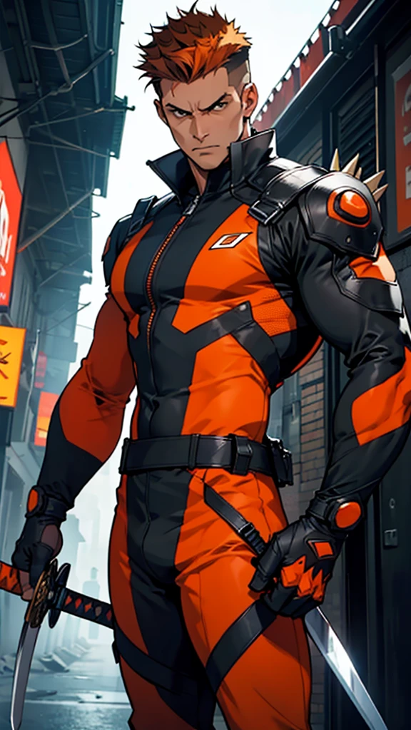 Adult Male, sword wielder, wearing an orange and black accented bodysuit, brown spiky quiff hairstyle, serious, comic design, cool pose, British