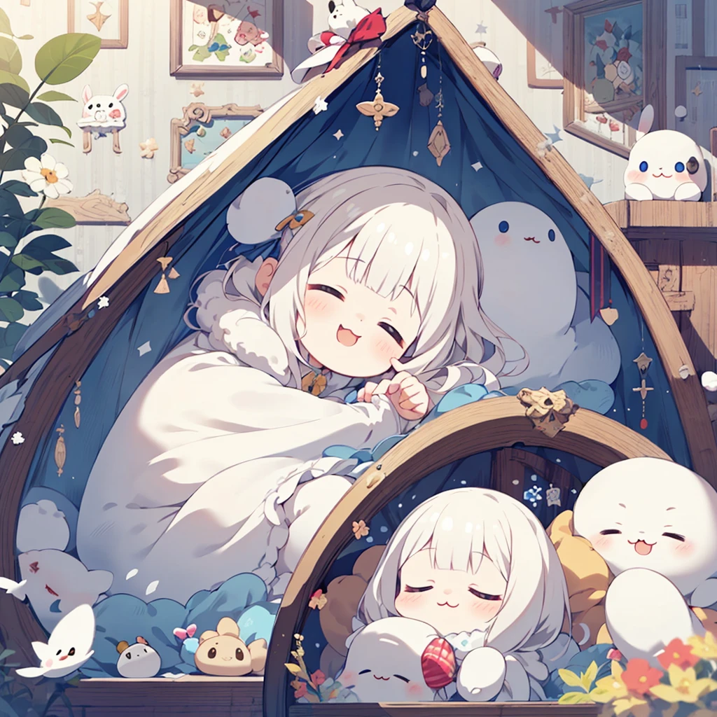 One girl,  stuffed rabbit, costume, albino, close your eyes, :3, Sleeping Peace, Marshmallow bed、Heartwarming、yurukawa、gentle、fluffy、