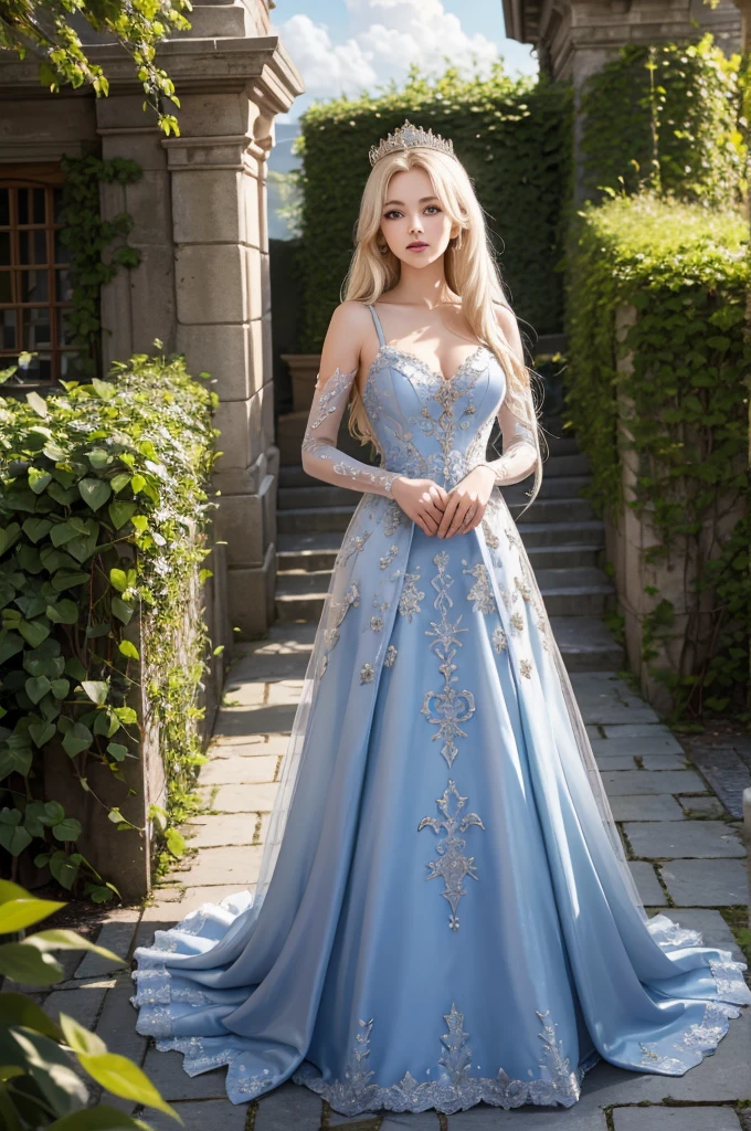 masterpiece, highres, high detailed,  intricate details, depth of field, 1 girl, queen, royal crown, Coronation Gown, queen dress, Evening Gown, outdoor background. The background is a luxurious castle, mildly clouds, best sunlight. There are 2 long flower beds besides the path, queen is standing on the path. Her face is gorgeous, beautiful, confident. She wears a lot of luxury jelweries. She has blue eyes, platinum blonde long shining hair and hols her gown. Behind her is the castle. 