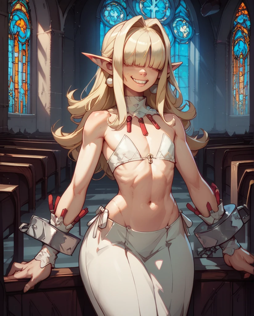 score_9,score_8_up,score_7_up,
Clergyxl,pointy ears,hair over eyes,blonde hair flat chest,smile,teeth,long hair,hips,
bare shoulders,white bikini,pearl earrings,wrist cuffs,wristband,neck brace,
church,underworld,