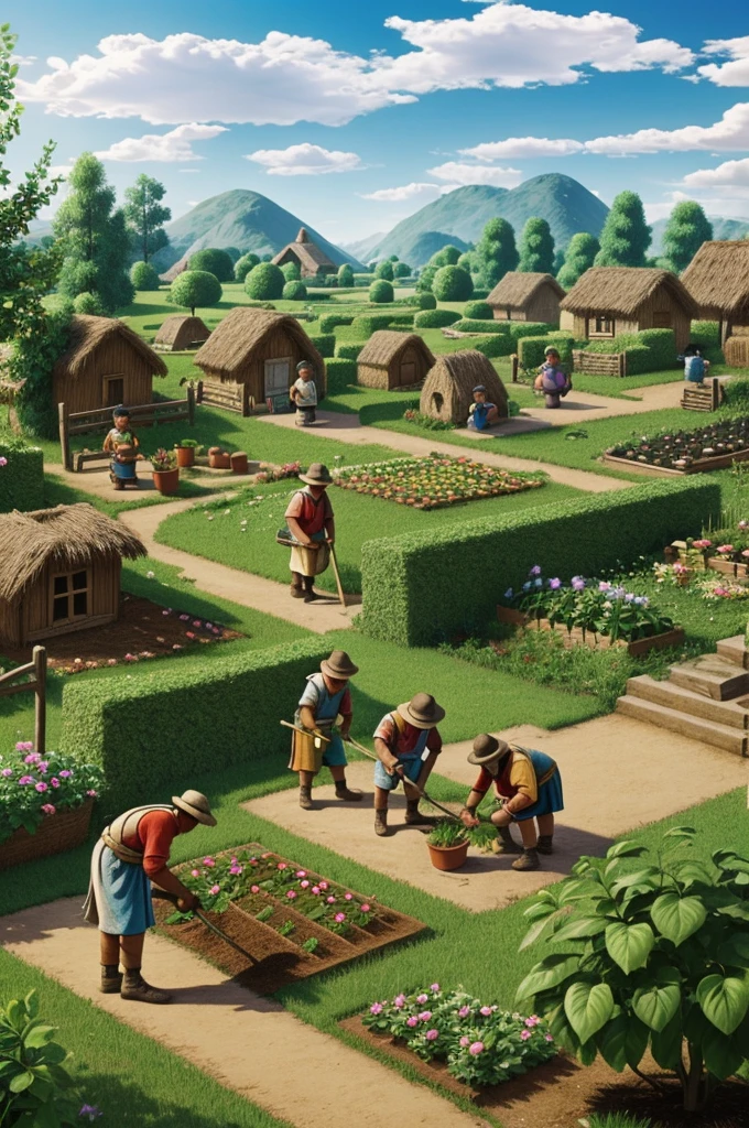 Sad villagers doing their gardening work in prehistory
