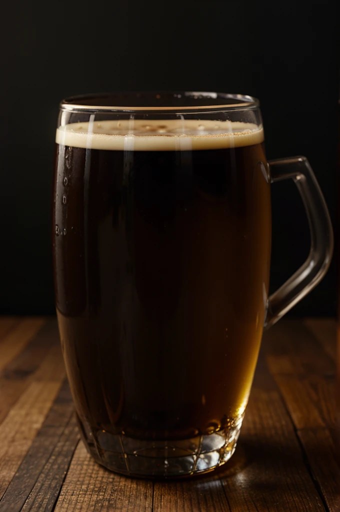Dark beer in a thick beer glass with a handle.,It&#39;s a photograph.