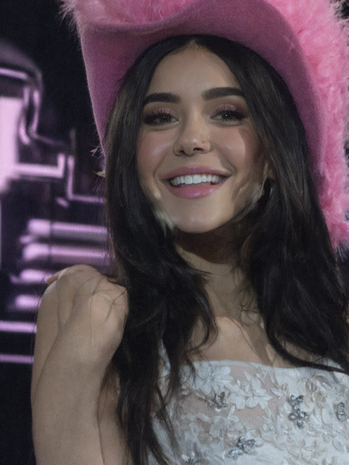 araffe woman in a pink hat and white dress smiling, soft devil queen madison beer, madison beer, :: madison beer, madison beer girl portrait, anastasia ovchinnikova, dua lipa, julia sarda, julia gorokhova, style of julia razumova, valentina remenar, ashe, beautiful and smiling, charli bowater