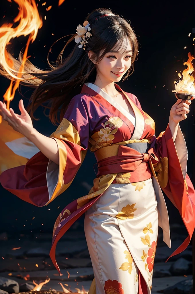 a woman in a kimono outfit is standing in front of a fire, concept art by Yang J, pixiv contest winner, fantasy art, extremely detailed artgerm, style artgerm, nezuko, style of artgerm, nezuko-chan, onmyoji detailed art, beautiful alluring anime woman, artgerm detailed,angry face,red glowing eyes