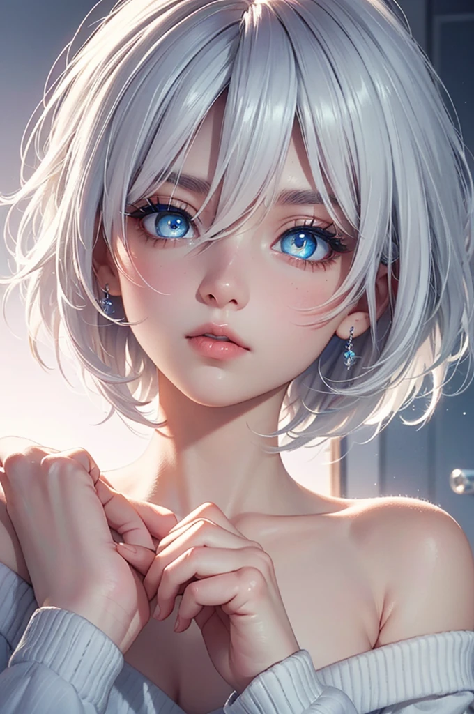 Sleet(Blue base color, white hair)、(Medium Hair)、White skin、Long sleeve off shoulder、resolution, unity 8k wallpaper, (figure:0.8), (Detailed and beautiful eyes:1.6), Highly detailed face, Perfect lighting, Extremely detailed CG, (Perfect hands, Perfect Anatomy), , t