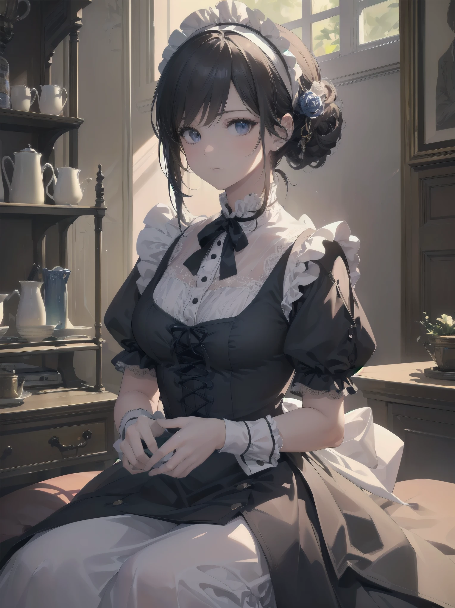 (Highest quality、16K、masterpiece、Ultra-high resolution、Victorian era、Photorealistic:1.2)、Maid Lady、solo、One person、Beautiful and detailed、202Perfectly detailed illustrations created by master anime illustrators of the 4th generation、Cool Beauty、Heroine's Attributes、Artistic shading、Perfect Face、Detailed portrait、