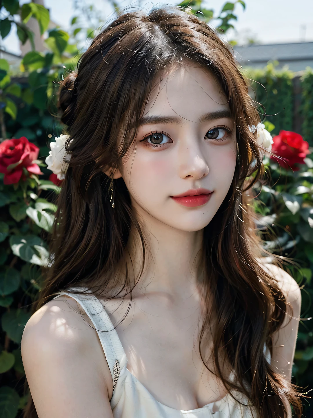 1girl, (looking at viewer:1.2), detail face, (a girl standing, rending on cgsociety, Rose bush backdrop), romanticism, atmospheric, (RAW photo, best quality), (realistic, photo-realistic:1.3), masterpiece, an extremely delicate and beautiful, extremely detailed, D cup,Cleavage,Translucent brown tube top1.5)Hair in a bun,Small and delicate earrings,Exquisite eye details,Shy smile 1.5
