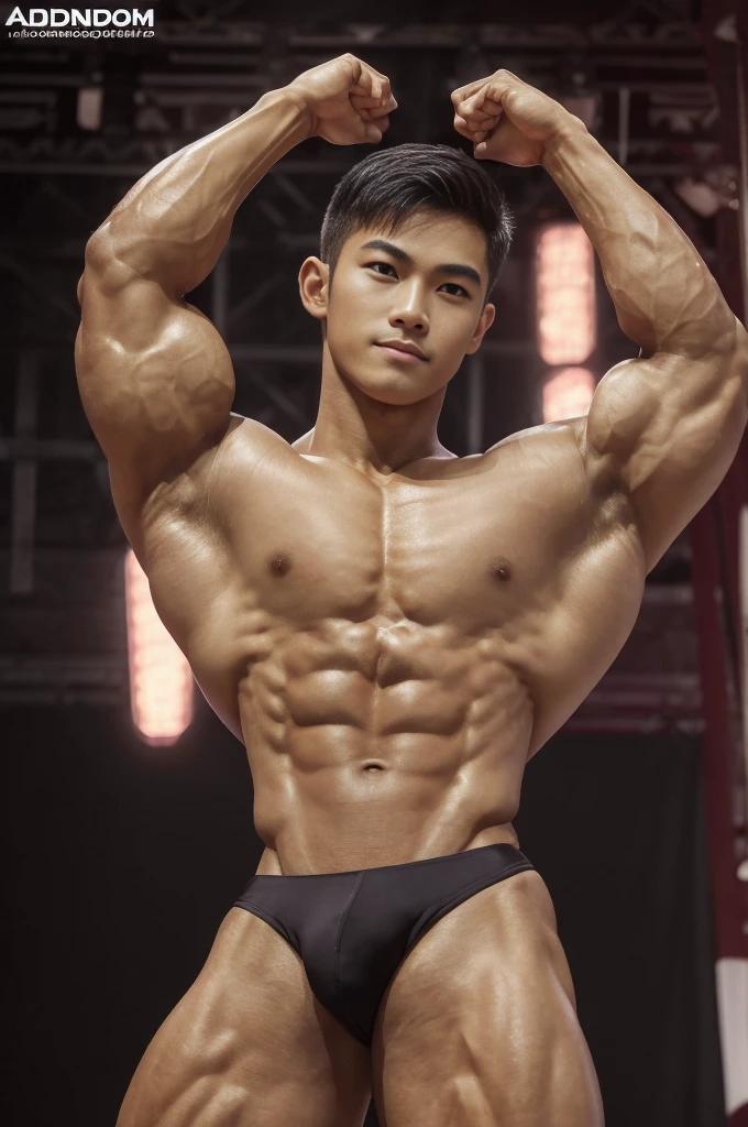 1boy, vietnamese male, a handsome muscular boy, very handsome, highschool student, male model, wearing sexy black mo thong, huge bulge, bulge, crotch line, posing and flexing, dynamic poses, very beautiful, wide shoulders, narrow waist, puffy chest, deped pectorals, dark nipples, sexy and csomorph b type, smooth hair, short hair, detailed face, detailed eyes, smirking, sly, mischievous, modeling, posing, perfect hands, pubic hair, sexy and cute, realistic skinark skin, aesthetics, perfect hands, ((photo by adonisjing), realistic, photorealistic, masterpiece, highest quality, perfect lightings), indoors, on stage, bodybuilding competition