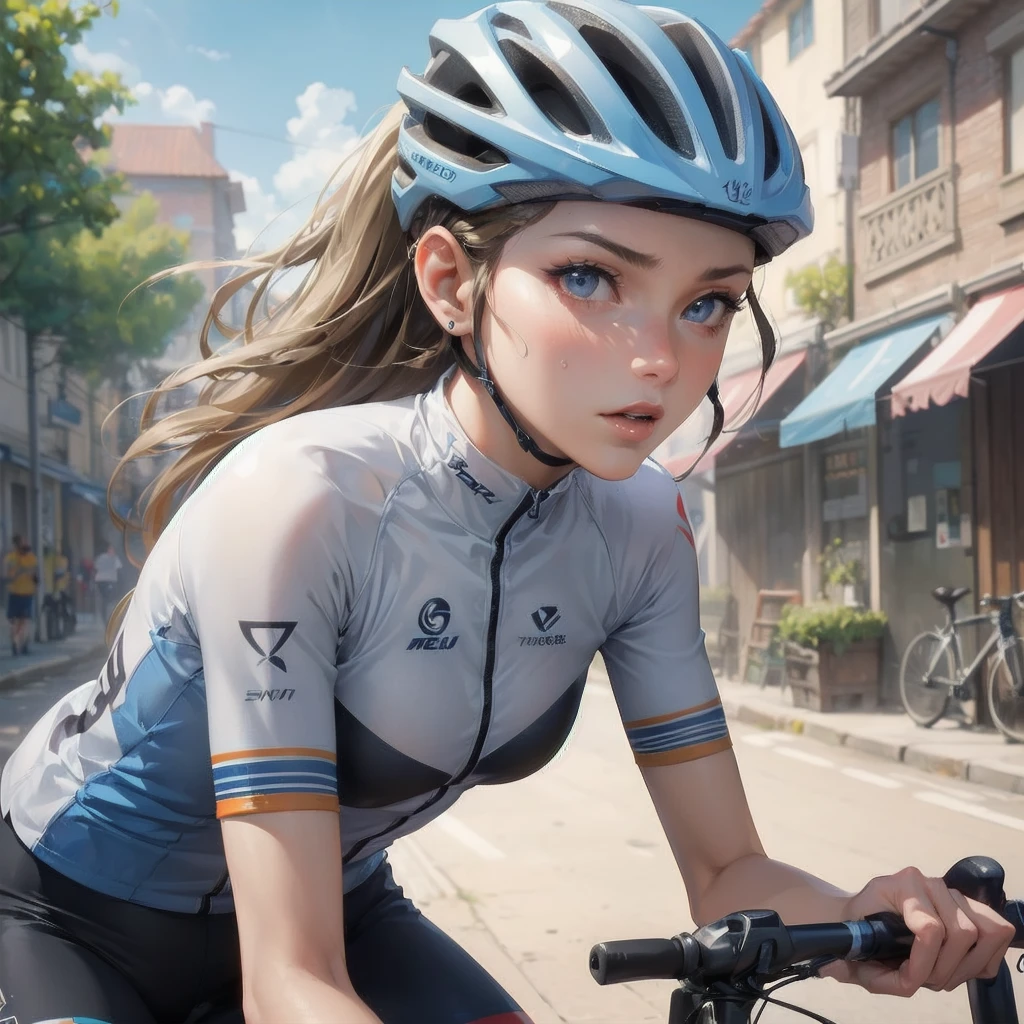 masterpiece, (textured skin), best quality, gorgeous beautiful girl, (a female cycling athlete), detailed clothes,large breasts,narrow waist,, (beautiful face), cinematic lighting, (at cycling venue ),