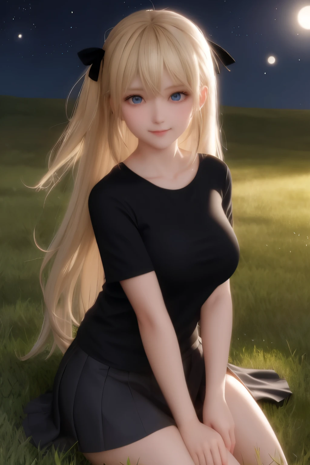 1girl,cute,Short white t-shirt, plain t-shirt, blue short skirt,Ruffled skirt,very big breasts, blonde hair, blue eyes, bangs, long hair, Sitting in the woods, shocked expression, shocked expression,,vibrant colors,close up photo, colorful art style, soft shadows, detailed textures, dynamic lighting, ultra detailed