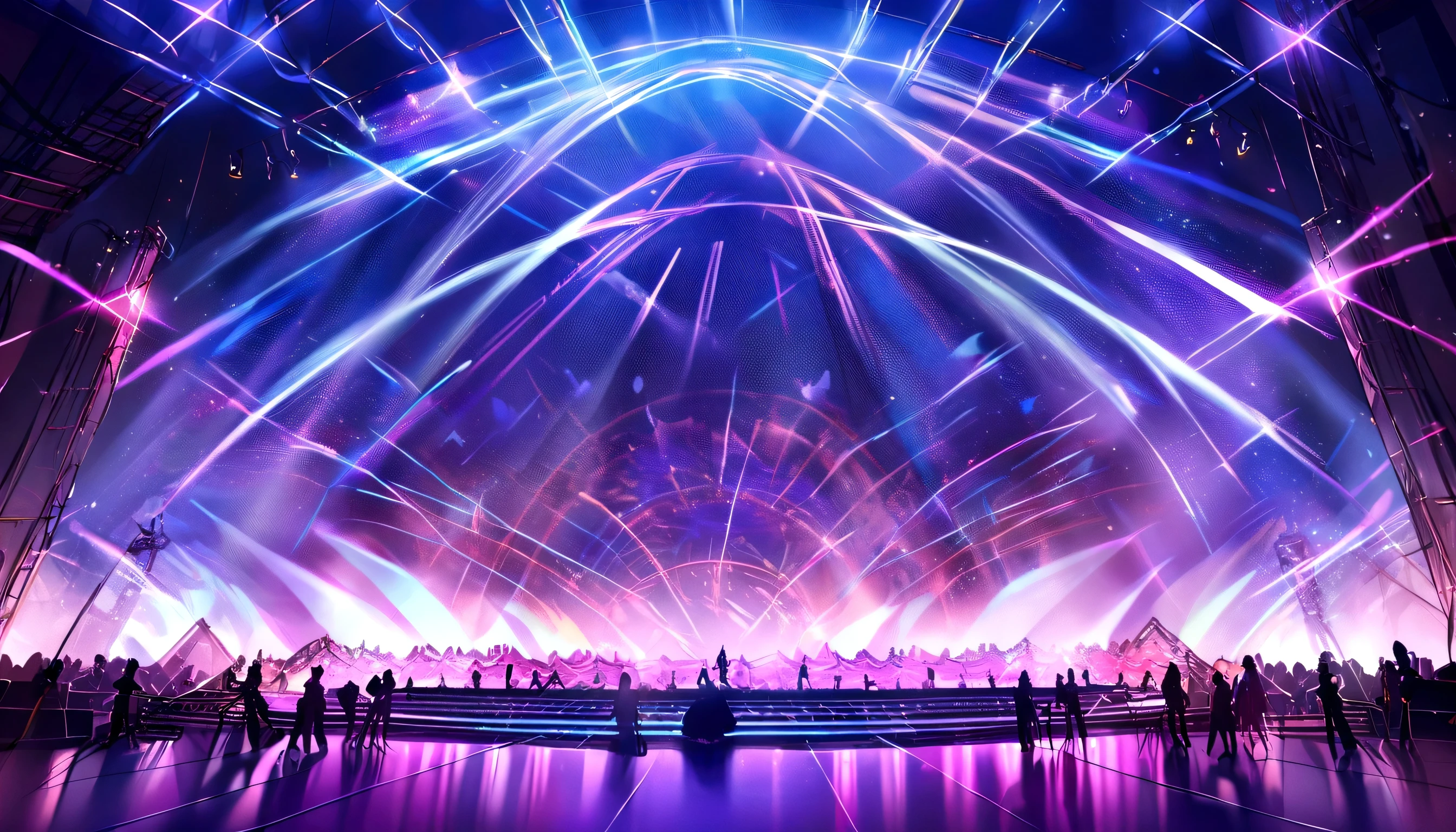 (Highest quality,4K,,High resolution,masterpiece:1.2),Very detailed,(real,realism,realism:1.37),Stage lighting illuminates the stage,Smoky atmosphere,Dark Background,Shining spotlight atmosphere,concert setting,pulsating neon lights,Shining stage floor,Strong emotions,A vibrant show of vibrant colors、soulful atmosphere、Sharp focus、Laser Show、moving stage effect、The mysterious aura of the huge crowd、Melodic sound wave artistic visual effects、Stunning stage design、State-of-the-art technology、Vibrant atmosphere、A modern entertainment experience、top of the world、Harmonious music and images、Artistic Expression、musical genius、Fascinating stage performance