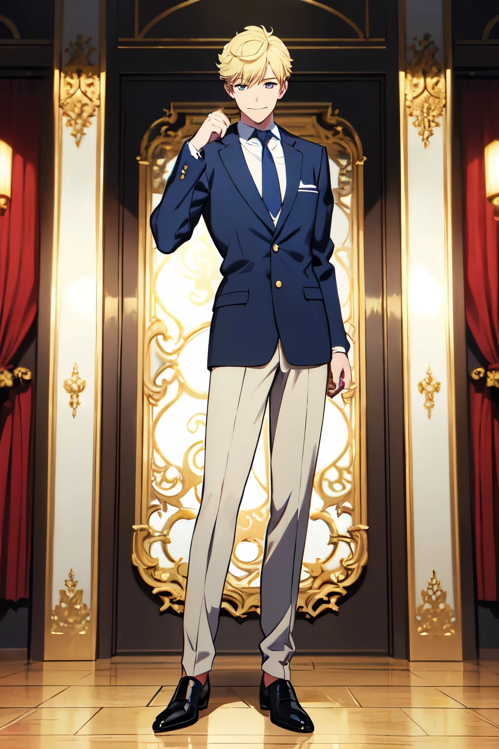 masterpiece, 32k, extremely detailed, finely detail, intricate details,
BREAK
(absurdres:1.1, highres:1.1, ultra detailed:1.1),
insanely detailed, absurdres,
(high resolution:1.1, ray tracing:1.1, refraction:1.1)
(1male, 独奏:1.3),
BREAK
perfect symmetrical face, smile, high school student, High School Uniform, Navy blue single blazer, Light blue tie, Blonde, Spike Hair,
BREAK,
(((full body))),
BREAK