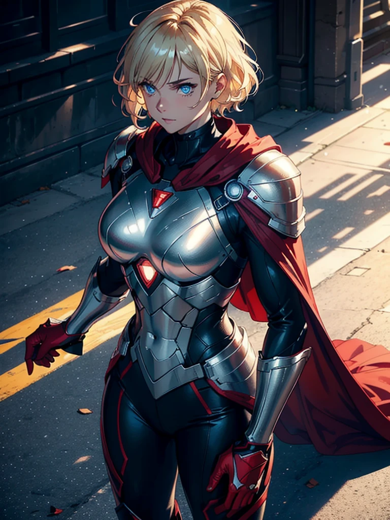 16K, HDR,UHD, RTX, ray tracing, chiaroscuro, best quality, masterpiece, ethereal, perfect illustration, digital artwork, trending on artstation, jaw-dropping perfection, ultra realistic, textured amazing lighting effects, perfect shadows, WLOP, 1girl, beautiful mature edgy woman in a cool long jacket and black pants, superhero suit, stomach covered by clothing, short hair, very short hair, wavy hair, white-blonde hair, blonde hair, highly detailed glowing blue eyes, glowing eyes, blue eyes, beautiful glowy blue eyes, detailed eyes, beautiful face, perfect anatomy, broad shoulders, strong upper-body, modern city, city, beautiful weather, stunning sunshine, sunny, daylight, sunlight, sunlight from above, red cape, daytime, superhero, uplifting, heroic, heroic pose, athletic, hands near hips, glowy eyes, daytime, white and red superhero suit, metallic suit, red lines on suit, metal shoulder-pads, summertime, radiant sunlight, beautiful cityscape, hair blowing in wind, manly shoulders, manly shoulders, very tall, cape, red cape, red hands, long red gloves, red gloves, armoured forearm, armoured shoulder-pads, chrome shoulder-pads, chrome forearm armor, red gloves

