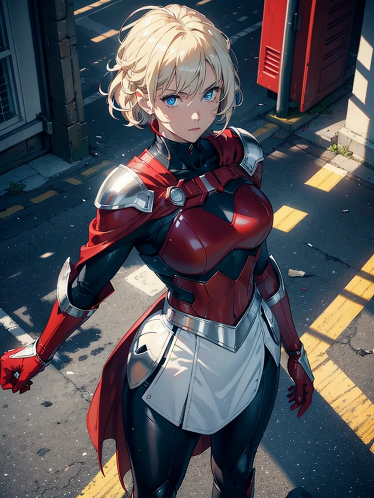 16K, HDR,UHD, RTX, ray tracing, chiaroscuro, best quality, masterpiece, ethereal, perfect illustration, digital artwork, trending on artstation, jaw-dropping perfection, ultra realistic, textured amazing lighting effects, perfect shadows, WLOP, 1girl, beautiful mature edgy woman in a cool long jacket and black pants, superhero suit, stomach covered by clothing, short hair, very short hair, wavy hair, white-blonde hair, blonde hair, highly detailed glowing blue eyes, glowing eyes, blue eyes, beautiful glowy blue eyes, detailed eyes, beautiful face, perfect ???????, broad shoulders, strong upper-body, modern city, city, beautiful weather, stunning sunshine, sunny, daylight, sunlight, sunlight from above, red cape, daytime, superhero, uplifting, heroic, heroic pose, athletic, hands near hips, glowy eyes, daytime, white and red superhero suit, metallic suit, red lines on suit, metal shoulder-pads, summertime, radiant sunlight, beautiful cityscape, hair blowing in wind, manly shoulders, manly shoulders, very tall, cape, red cape, red hands, long red gloves, red gloves, armoured forearm, armoured shoulder-pads, chrome shoulder-pads, chrome forearm armor, red gloves