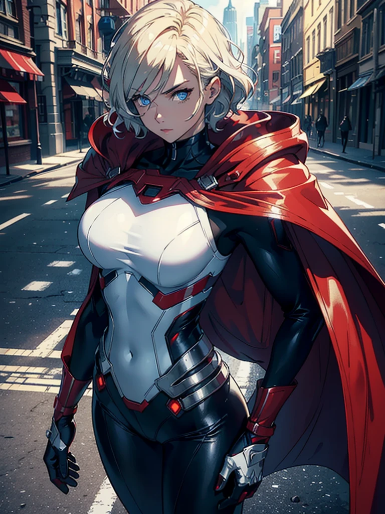 16K, HDR,UHD, RTX, ray tracing, chiaroscuro, best quality, masterpiece, ethereal, perfect illustration, digital artwork, trending on artstation, jaw-dropping perfection, ultra realistic, textured amazing lighting effects, perfect shadows, WLOP, 1girl, beautiful mature edgy woman in a cool long jacket and black pants, superhero suit, stomach covered by clothing, short hair, very short hair, wavy hair, white-blonde hair, blonde hair, highly detailed glowing blue eyes, glowing eyes, blue eyes, beautiful glowy blue eyes, detailed eyes, beautiful face, perfect anatomy, broad shoulders, strong upper-body, modern city, city, beautiful weather, stunning sunshine, sunny, daylight, sunlight, sunlight from above, red cape, daytime, superhero, uplifting, heroic, heroic pose, athletic, hands near hips, glowy eyes, daytime, white and red superhero suit, metallic suit, red lines on suit, metal shoulder-pads, summertime, radiant sunlight, beautiful cityscape, hair blowing in wind, manly shoulders, manly shoulders, very tall, cape, red cape, red hands, long red gloves, red gloves, armoured forearm, armoured shoulder-pads, chrome shoulder-pads, chrome forearm armor, red gloves, big smile, chrome torso