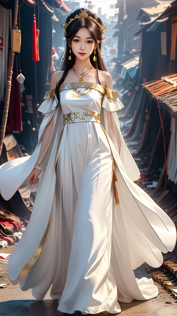 Girl in traditional Chinese clothing, Hanfu, Guzhen Hanfu women, White Hanfu,long straight black hair, black eyes, black bun hairstyle, hair accessories ,white diamond earrings, Bangle Diameter, Dia Necklace, Clear eyes, Facing forward,put on makeup, Long eyelashes ,(gold long shoulder coat:1.5), (Very long skirt, white:1.5), ((Whole body)), ((from below))ฃ, Clear face, , (Very beautiful face, Beautiful mouth, beautiful eyes), detailed face, ((Ultra-fine skin)), In the dark, deep shadows, an ancient Chinese girl (Very slim figure 1.3) ,Plump breasts, sexy slender legs elegant posture (smile brightly) ,(slum:1.5),