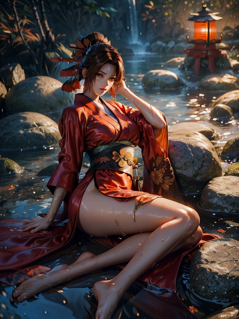 (exquisitely detailed CG unity 8k wallpaper, masterpiece-quality with stunning realism), (best illumination, best shadow), (best quality), (elegant style:1.2), Arti modern anime. angled view, heroic pose, midshot, (cel-shading style:1.3), centered image, ultra detailed closeup portrait of (Mai Shiranui:1) from (King of Fighters), best quality, expressive eyes, perfect face, highres, (ultra details), 1 girl, solo, (brown hair:1), hair ornament, eyeshadow, (gold, white and mainly red qipao:1), highly ornamented, (in Shinjuku, Tokyo:1), portrait, looking at the viewer, piercing eyes, full body, (light from the angle:1) (wind blowing:1.2).(depth of field effects:1.3) (motion action:1.2) (closeup:1.2) (motion blur effects:1), spreading feet, Thin to transparent,see-through, (((Soggy-kimono:1.2))),Lace fabric, (((water-immersed body: 0.9))), jewellery, (lying down:1) (fire in the background:1.1), (asian face:1.2), (nail polish:.6), (makeup:.8), (arms and hands resting:1) (arms down:1) (sexy pose:1), (2 legs:1), (2 arms:1), (2 hands:1)