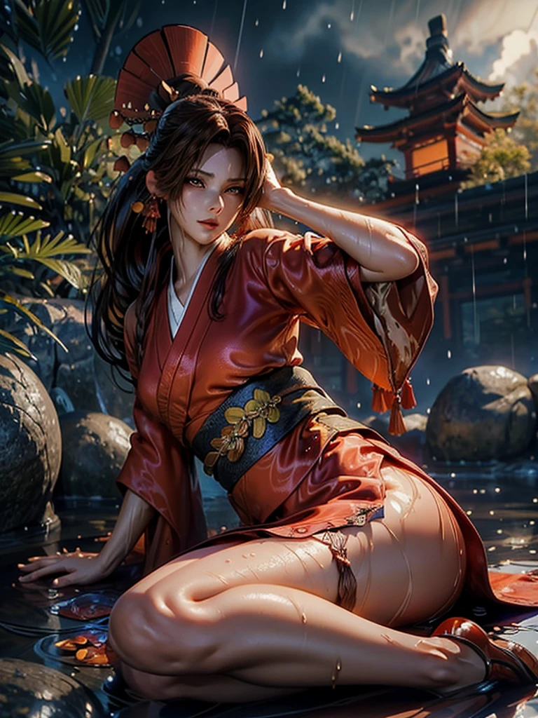 (exquisitely detailed CG unity 8k wallpaper, masterpiece-quality with stunning realism), (best illumination, best shadow), (best quality), (elegant style:1.2), Arti modern anime. angled view, heroic pose, midshot, (cel-shading style:1.3), centered image, ultra detailed closeup portrait of (Mai Shiranui:1) from (King of Fighters), best quality, expressive eyes, perfect face, highres, (ultra details), 1 girl, solo, (brown hair:1), hair ornament, eyeshadow, (gold, white and mainly red qipao:1), highly ornamented, (in Shinjuku, Tokyo:1), portrait, looking at the viewer, piercing eyes, full body, (light from the angle:1) (wind blowing:1.2).(depth of field effects:1.3) (motion action:1.2) (closeup:1.2) (motion blur effects:1), spreading feet, Thin to transparent,see-through, (((Soggy-kimono:1.2))),Lace fabric, (((water-immersed body: 0.9))), jewellery, (lying down:1) (fire in the background:1.1), (asian face:1.2), (nail polish:.6), (makeup:.8), (arms and hands resting:1) (arms down:1) (y pose:1), (2 legs:1), (2 arms:1), (2 hands:1)