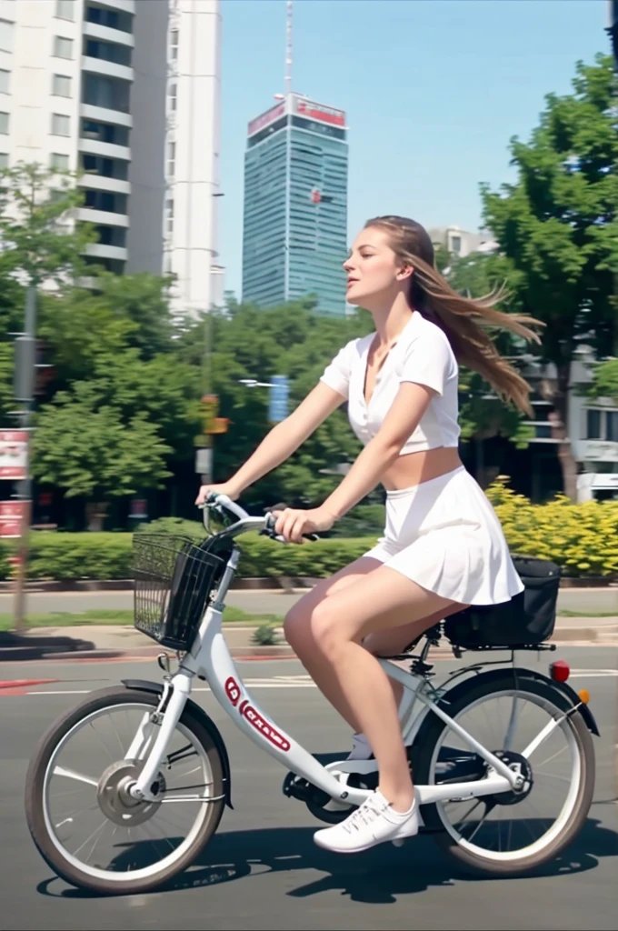 Video of a white girl in riding a bycycle in slow motion