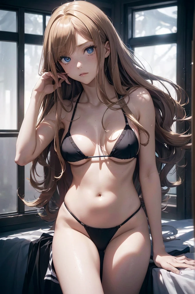 ((1 Female, 1 person, Solitary) Alice, Humanity, Long curly blond hair, blue eyes, freckle, ager, 18 years, Rebirth_ongoing) (Main Part, Super detailed, 8K, (HD, Sunlight:0.5, Soft_shadow:0.5, atmosphere_light, 8K, 4K, Surrealism, elegant, ((((Appearance)))), Soft Ton, 柔和的light))(((Dark, Chiaroscuro))),Bikini,