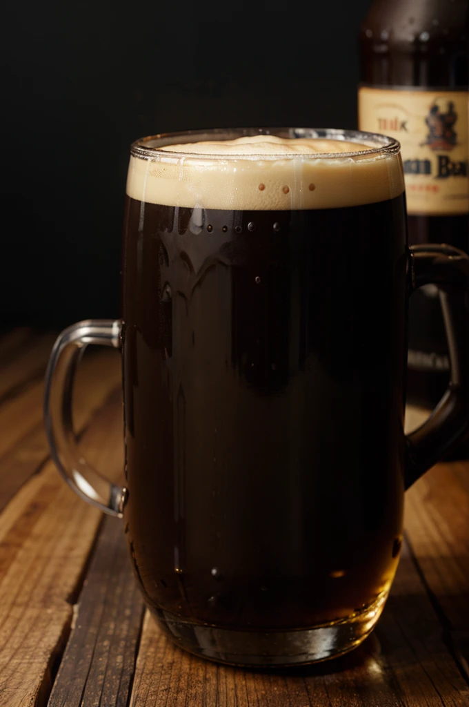 Dark beer in a thick beer glass with a handle.,It's a photograph.