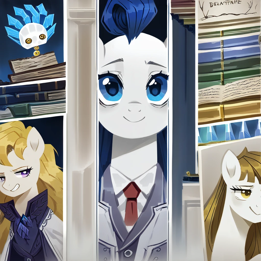 (The best art,Golden ratio art,masterpiece:1.3),Golden ratio, Powder blue theme, white theme, White skin,1 girl,(long hair, pony haircut left:1.3), Ultra high resolution, masterpiece, Best quality,close eyes,vague smile,books,infinite time,(white business suit, black vest,Red tie,white long lab coat),Watches of the highest detail,hopeless,Unhappy,