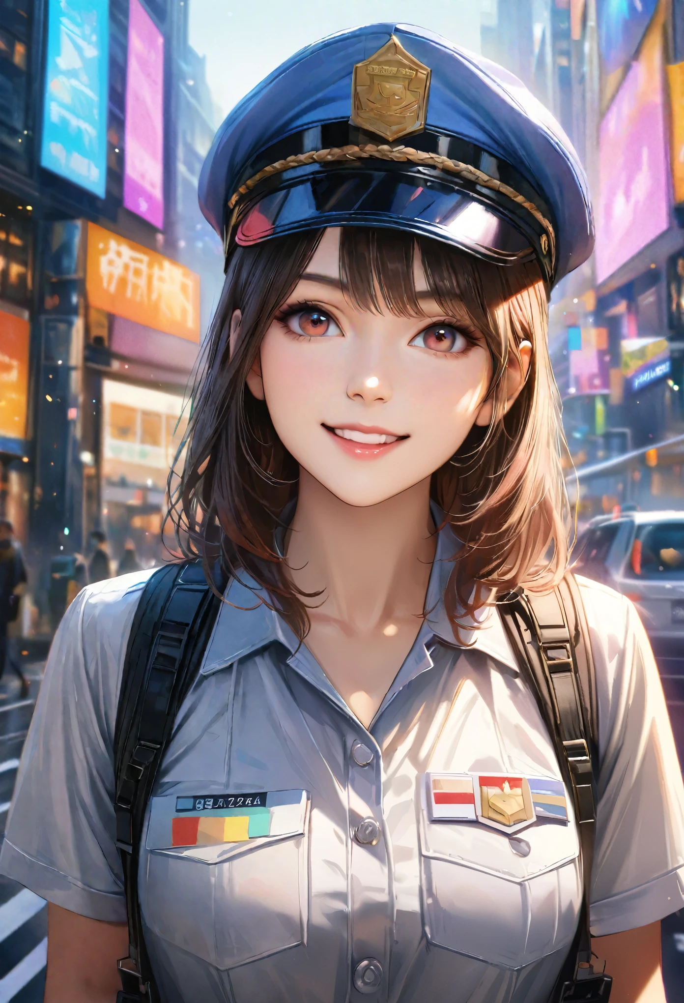 Roads in the city, Clear sky, policewoman, Blur the background,smile,Glitter effect,Highest quality, 8K, High resolution, masterpiece:1.2, Very detailed, Realistic:1.37, High resolution, 超High resolution, Ultra-fine painting, Very detailed, Professional, Vibrant colors