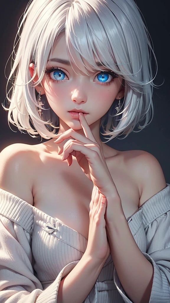 Sleet(Blue base color, white hair)、(Medium Hair)、White skin、Long sleeve off shoulder、resolution, unity 8k wallpaper, (figure:0.8), (Detailed and beautiful eyes:1.6), Highly detailed face, Perfect lighting, Extremely detailed CG, (Perfect hands, Perfect Anatomy), , t
