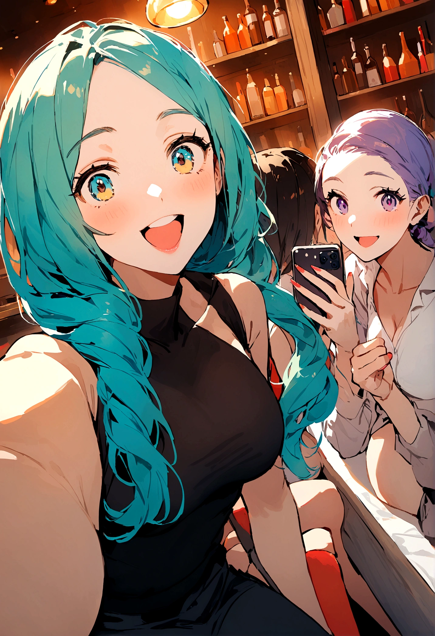 Group of three friends sitting in a bar and taking selfie