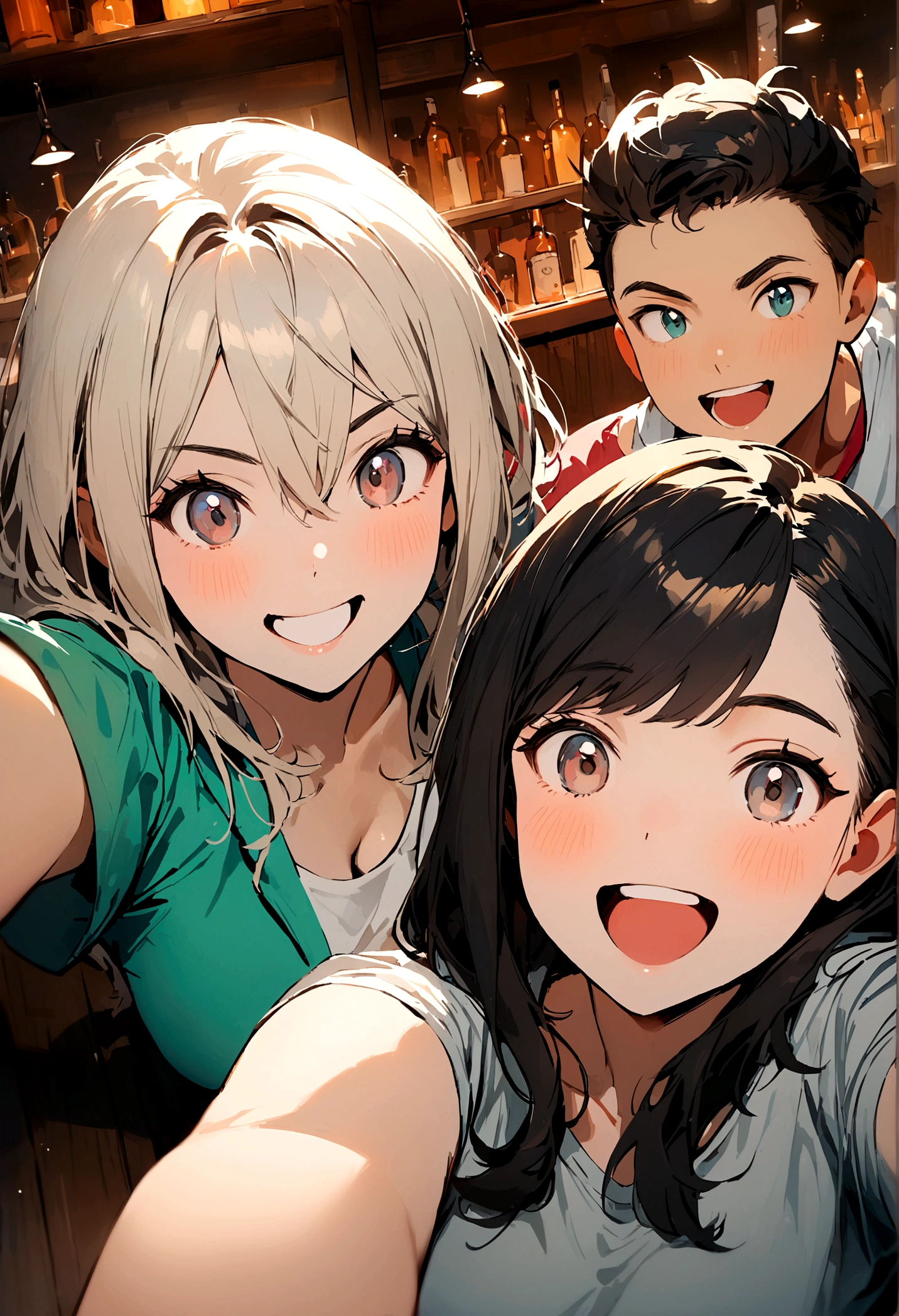 Group of three friends sitting in a bar and taking selfie