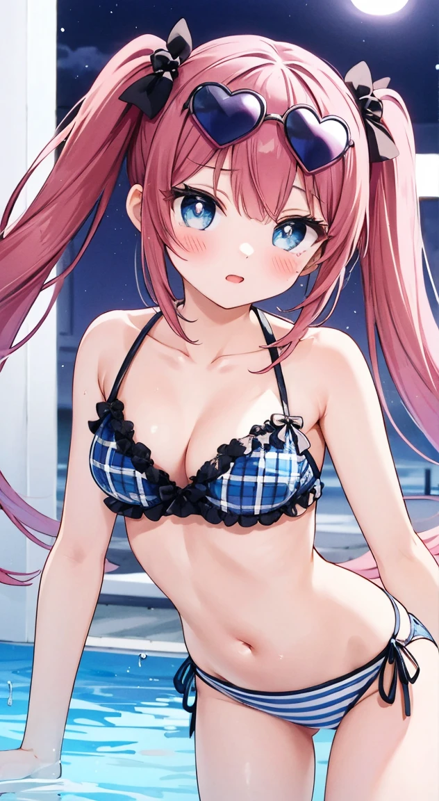 side tie panties,,masterpiece, highest quality, (anime screencap:1.3),(shape), cute,(simple:1), (anime:1.2),Solo Sharp Focus, 1 girl, cleavage,looking at the viewer, nighttime pools,Are standing,,(NSFW:1.2),Colorful bikini,pastel colour bikini,beautiful hair,Horizontal stripes,heart shaped pupils,plaid pattern bra, plaid pattern panties,(vivid and detailed Tropicaljuice1.3),cute eyes,puffy eyes,seductive pose,Beaming face,middle breasts,Twintail hair,(heart shaped sunglasses on head),cheerful