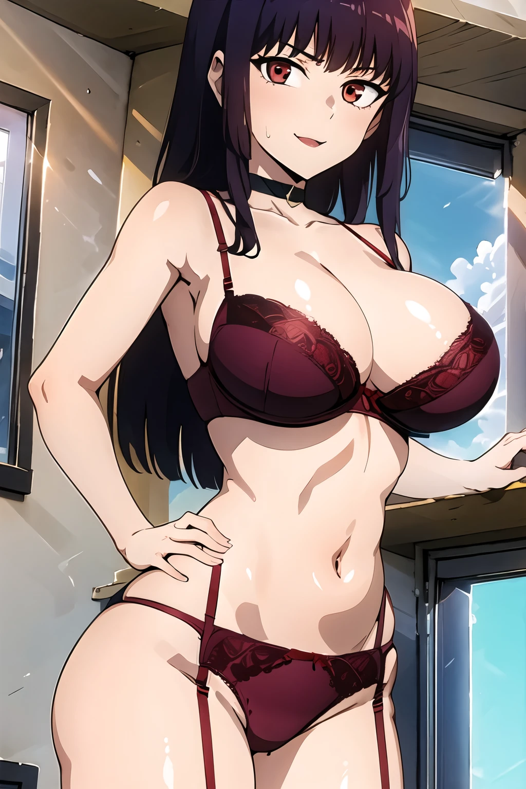 (masterpiece, best quality:1.2), 1girl, solo, UHD, masterpiece, high details, high quality, highres, 1080P, masterpiece, perfect eyes, perfect face, 171 cm, crimson eyes, Purplish-Black hair, short hair, long hair, female, bangs, breasts, big breasts, crimson lace bra, crimson lace panties, only lingerie, no cloth, no clothes