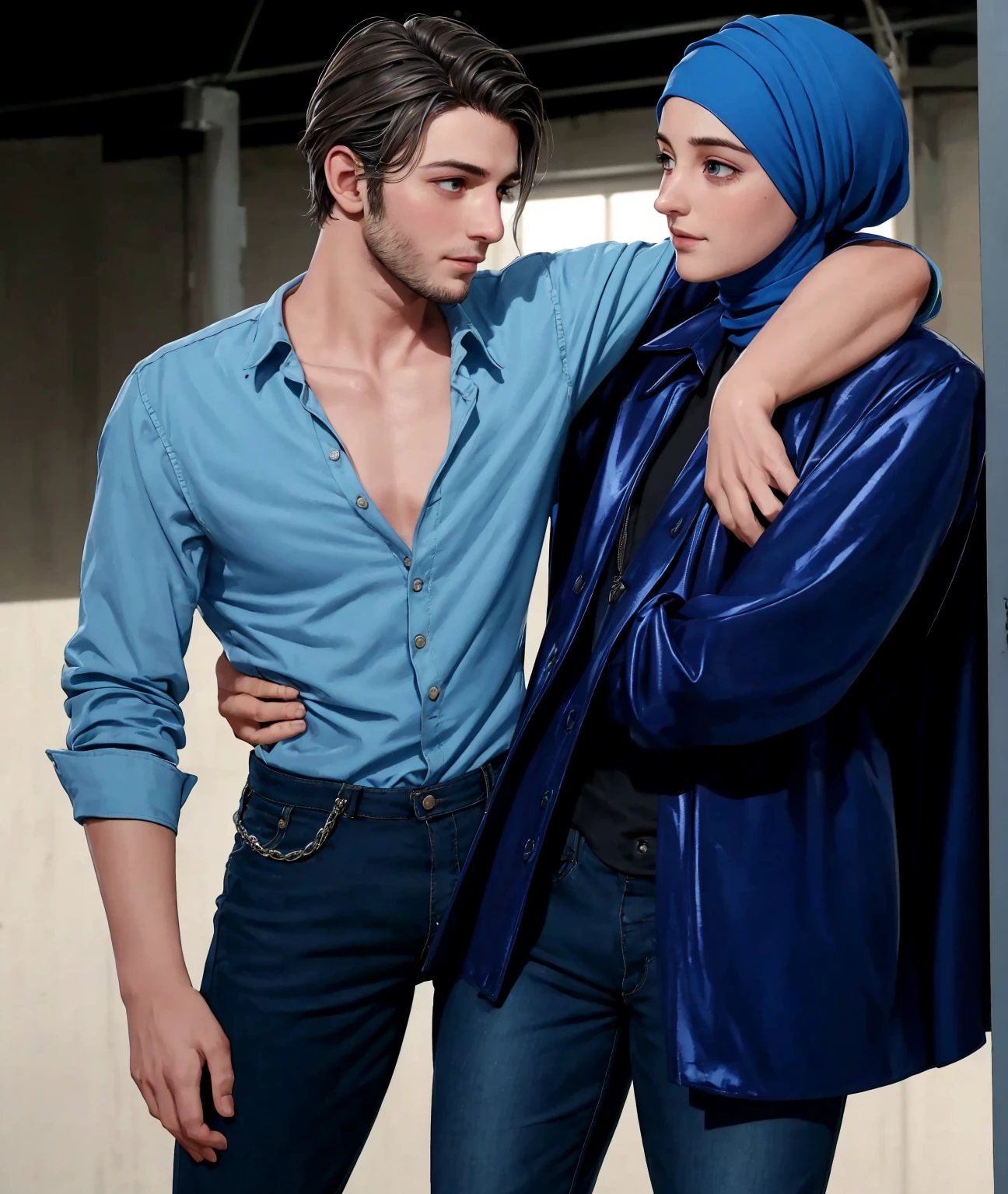 A young German man in a blue cotton shirt and jeans and a Syrian woman in a shiny plastic quilted coat and blue satin headscarf stand arm in arm in front of a refugee shelter, A German man in a cotton shirt and jeans is injured and is supported by a Syrian woman, A Syrian woman wearing a shiny plastic down coat supports an injured short-haired man, who can't walk alone, A Syrian woman wearing a headscarf holds an injured short-haired man in her arms, compassion, accident, injury, first aid, theater, ultra-realistic, photo