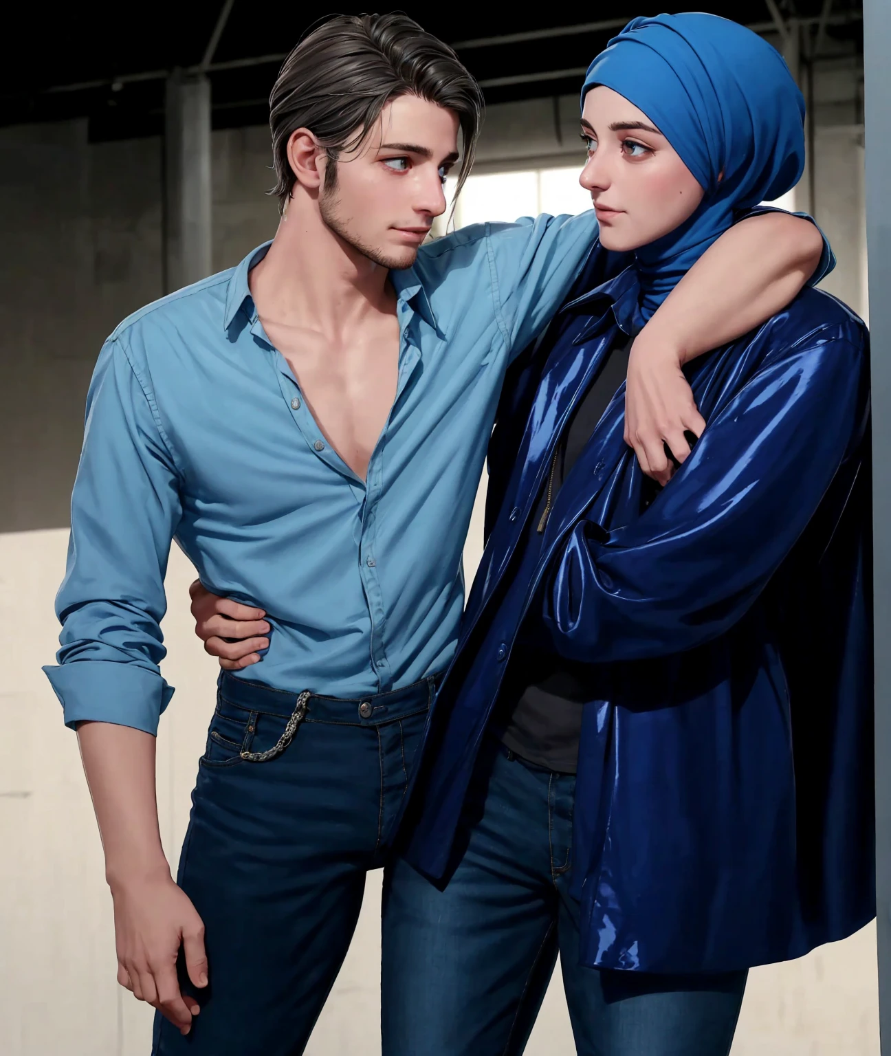 A young German man in a blue cotton shirt and jeans and a Syrian woman in a shiny plastic quilted coat and blue satin headscarf stand arm in arm in front of a refugee shelter, A German man in a cotton shirt and jeans is injured and is supported by a Syrian woman, A Syrian woman wearing a shiny plastic down coat supports an injured short-haired man, who can't walk alone, A Syrian woman wearing a headscarf holds an injured short-haired man in her arms, compassion, accident, injury, first aid, theater, ultra-realistic, photo