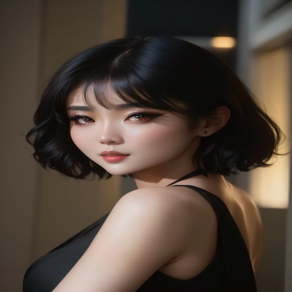Close-up shot of a woman in a black dress，She is posing for a picture, short hair, black hime cut hair, Beautiful Korean woman, Lee Ji-eun plays the super villain, Young cute pale Asian face, Cute Korean actress, Young and cute Korean face, Korean Girl, White Ji haircut, Young and beautiful Korean woman, Beautiful young Korean woman