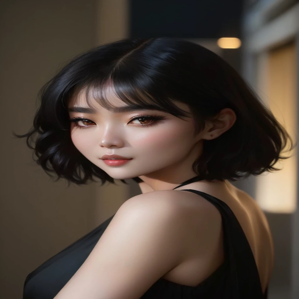Close-up shot of a woman in a black dress,She is posing for a picture, short hair, black hime cut hair, Beautiful Korean woman, Lee Ji-eun plays the super villain, Young cute pale Asian face, Cute Korean actress, Young and cute Korean face, Korean Girl, White Ji haircut, Young and beautiful Korean woman, Beautiful young Korean woman