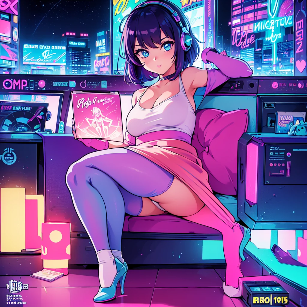 (masterpiece), Highest quality, Expressive eyes, Neon pastel aesthetics, Retro 90s, Neon color,((Girl sitting on sofa,In a cozy room,Records hanging on her wall, Comic books on the floor, Looking out the window behind her at the night city, Upholstered room, Anime figures lined up on a shelf)), Wearing headphones, (All around her it sparkles), (Wearing high socks and heels), (blue eyes), (Soft look), (Synthwave Art Style), Colorful Hair, Desk with PC set up