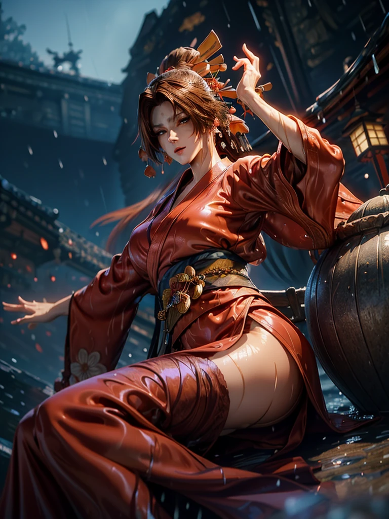 (exquisitely detailed CG unity 8k wallpaper, masterpiece-quality with stunning realism), (best illumination, best shadow), (best quality), (elegant style:1.2), Arti modern anime. angled view, heroic pose, midshot, (cel-shading style:1.3), centered image, ultra detailed closeup portrait of (Mai Shiranui:1) from (King of Fighters), best quality, expressive eyes, perfect face, highres, (ultra details), 1 girl, solo, (brown hair:1), hair ornament, eyeshadow, (gold, white and mainly red qipao:1), highly ornamented, (in Shinjuku, Tokyo:1), portrait, looking at the viewer, piercing eyes, full body, (light from the angle:1) (wind blowing:1.2).(depth of field effects:1.3) (motion action:1.2) (closeup:1.2) (motion blur effects:1), spreading feet, Thin to transparent,see-through, (((Soggy-kimono:1.2))),Lace fabric, (((water-immersed body: 0.9))), jewellery, (lying down:1) (fire in the background:1.1), (asian face:1.2), (nail polish:.6), (makeup:.8), (arms and hands resting:1) (arms down:1) (sexy pose:1), (2 legs:1), (2 arms:1), (2 hands:1)