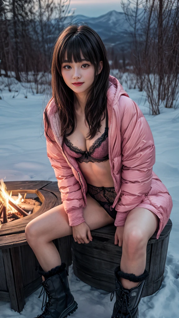 nsfw、(((Night view)))、White Breath、Beautiful starry sky、In the mountains、smile、in the forest、winter、Cottage))、Sit in front of the bonfire、Outdoor、(((Front open down jacket)))、((Leg warmers))、((Trekking boots))、 table、((Big Breasts))、short hair、((blunt bangs))、High resolution、High resolution、In 8K、Real Live Action、RAW Photosgraphy、Highest quality、masterpiece、tableトップ、erotic,White skin,knees, Absurd,Small face、masterpiece,Highest quality、超High resolution,RAW Photos,only,One person, One personで,whole body、very nice、Japanese women,(Realistic:1.4)、Photon Mapping、Realistic、Beautiful woman、物理ベースのonlyダリング、Qianfang、Depth of field rally background、 Soft Nose, Sparkling eyes、Glossy Lips、((Spread your legs))、(((A detailed design of black lace pink lingerie is visible)))、(((Small Ultra Micro Scanty)))