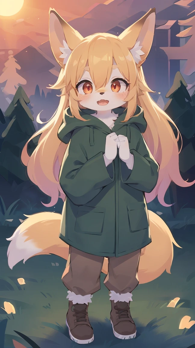 shota the fox, , was hairy, shaggy, skin fur, smooth lashes, golden fur, forelimb hands, straight long blonde hair, solid circle eyes, golden ears, golden fur, golden facial fur, shiny hair, red eyes, super cute face, 1fox tail, fluffy tail, furry tail, glowing eyes, green coat green hood down, brown trousers, standing, open mouth, ambient light, ultra-fine fur, dashed eyes, full body, masterpiece, high quality, high-details, best quality, wide short, (((solo))), twilight, sun light, red sky, rim light
