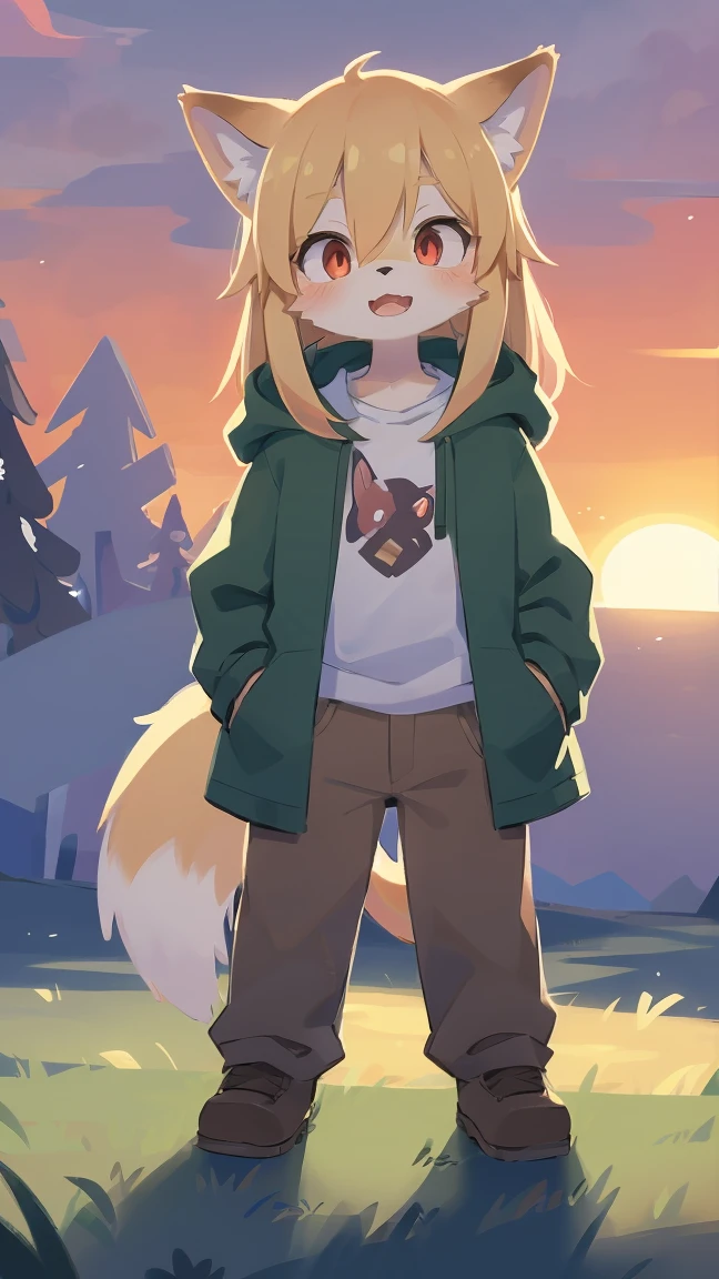 shota the fox, , was hairy, shaggy, skin fur, smooth lashes, golden fur, forelimb hands, straight long blonde hair, solid circle eyes, golden ears, golden fur, golden facial fur, shiny hair, red eyes, super cute face, 1fox tail, fluffy tail, furry tail, glowing eyes, green coat green hood down, brown trousers, standing, open mouth, ambient light, ultra-fine fur, dashed eyes, full body, masterpiece, high quality, high-details, best quality, wide short, (((solo))), twilight, sun light, red sky, rim light