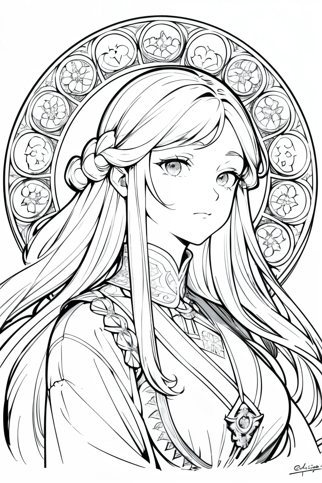 (Line art:1.4)、Monochrome、(No solid paint:1.4)、sketch、(Highest quality, masterpiece, High resolution:1.4)、(4k art)、European woman face portrait, Long Curly Hair, Floral frame, Decorative panel, Alphonse Mucha's style, Characters without color or shadow.
detailed, Intricate details, Fibonacci, ((White Background))、