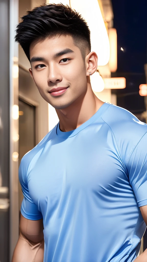 korea male male model, big muscles, handsome, cool, smoothly combed hair, pierced ears, wearing a t-shirt navy top, holding a lollipop, portraiture, modeling, dynamic pose, Japanese street, late at night, store lights trade, full half body shot, smile open mouth