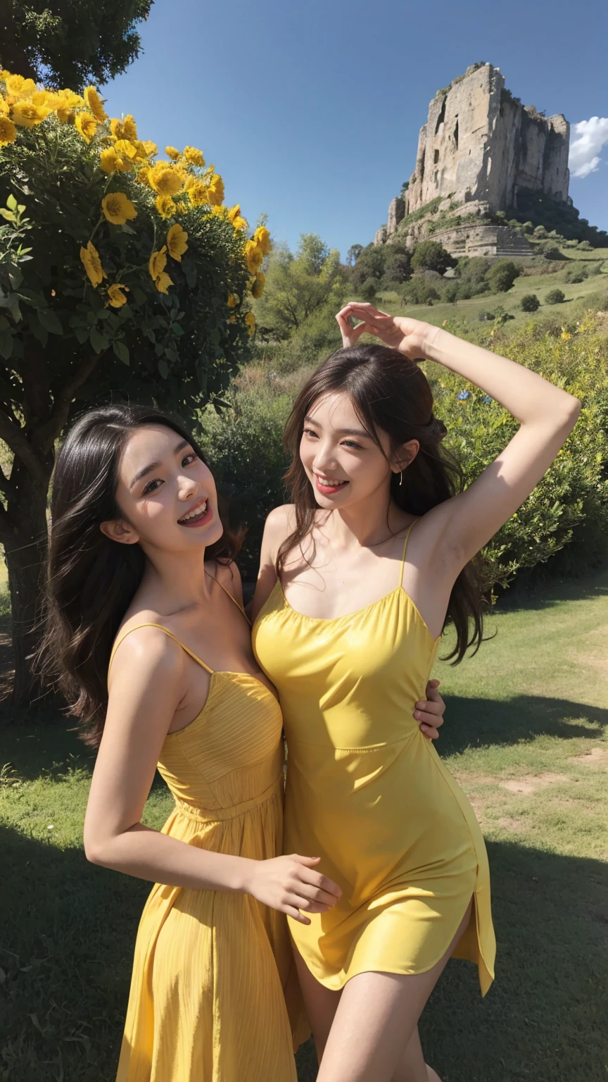 Ancient Roman landscape in the style of Nicolas Poussin,laughter,,Sweet and seductive appearance.、Caravaggio's paintings、Chiaroscuro of Caravaggio、hair tousled by the wind,Two women frolicking,cute smile, expression of ecstasy,yellow strappy summer dress