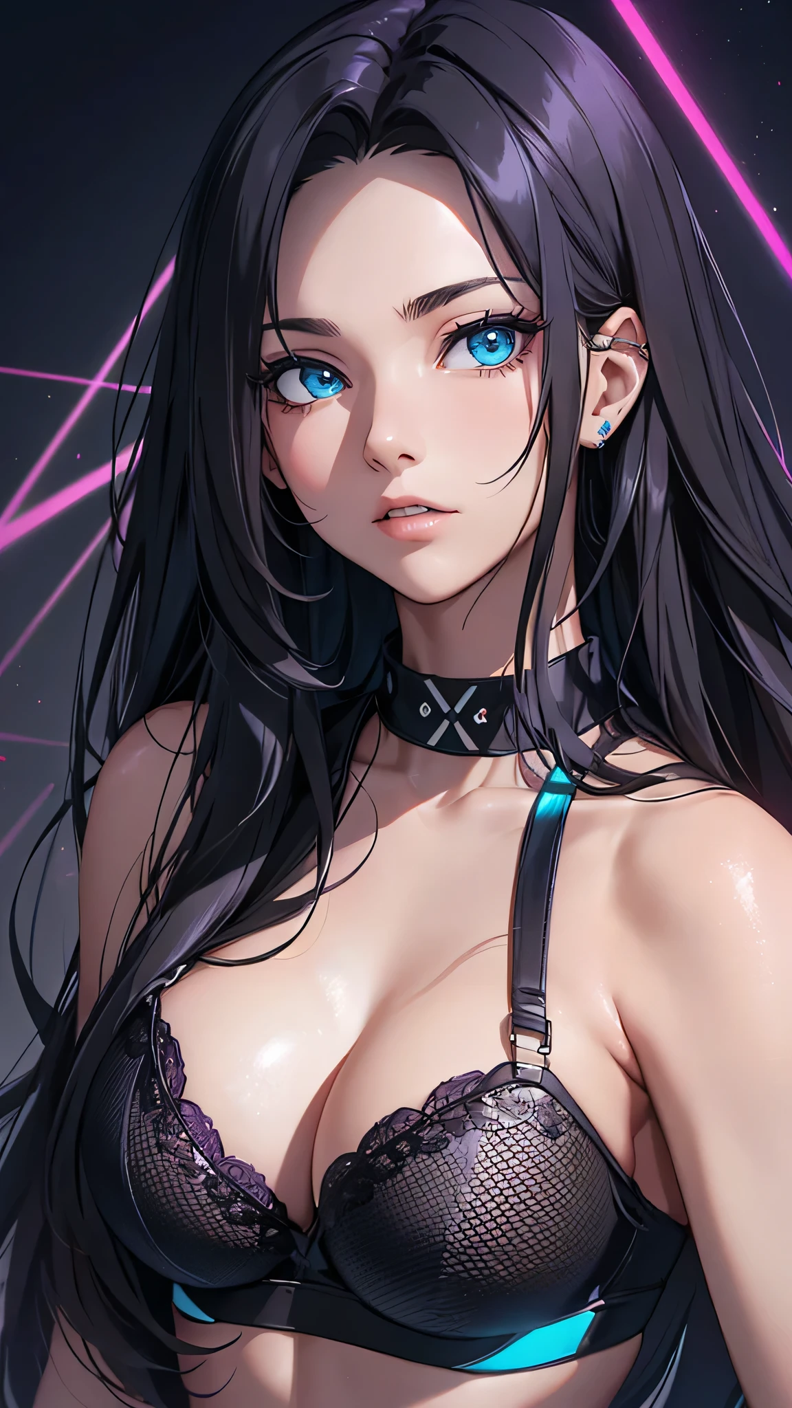 最high quality、Best image quality、masterpiece、With a girl((cute、20-year-old、Best Bust、Medium Bust、Bust 85,Beautiful Blue Eyes、Spread your chest wide,Long black hair、Slender、The middle knot、Black sports bra、White short skirt,Show the whole body、Black perforated gloves))high quality、Beautiful art、background((club house、Cyan lighting、Multiple purple laser points、Fitness Club、night、virtual)),Tabletop、Exquisite design、Visual Arts、Depth of written boundary、Best lighting、Highest detail、8k
