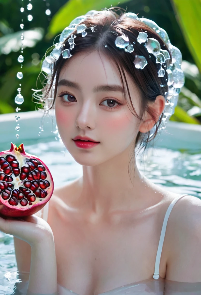 Summer Pomegranate Girl，Dopamine teenage， Cool summer days，Ice cubes，The watery girl，Delicate skin，Hydration，Shiny，Shiny，dream，Front view，bust，pearl，Pomegranate fruit